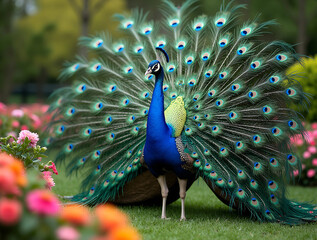 Obraz premium Colorful peacock displays its vibrant feathers in a lush garden filled with blooming flowers during a sunny day
