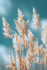 Tall, fluffy grass against a blue sky, gently swaying. Concept of nature and tranquility. For backgrounds.