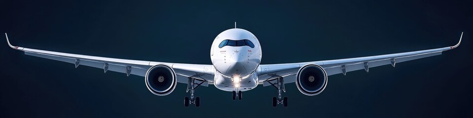 Fototapeta premium Large commercial airliner soaring through a clear blue sky, great for travel or adventure themes