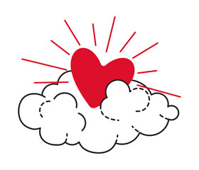 Sparkling heart with rays on cloud doodle style Hand drawn flat style love isolated icon Romantic symbol of love for graphic design poster tattoo Valentines Day card line art Vector illustration