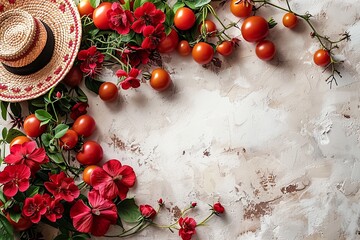 Straw Hat with Red Florals and Tomatoes on Rustic Background