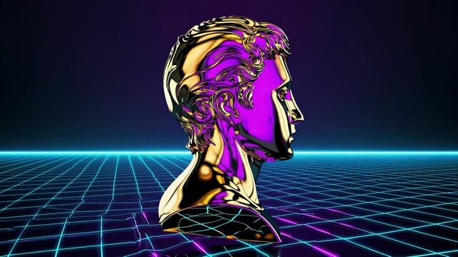 Golden classical bust is immersed in a vaporwave and synthwave digital landscape, creating a striking contrast between ancient art and futuristic design