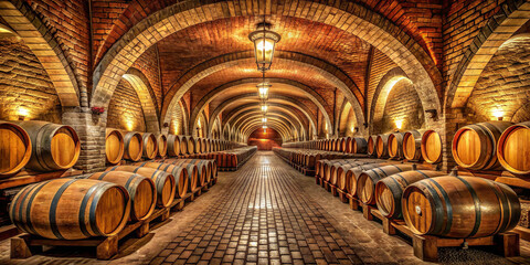 A spacious wine cellar showcases rows of wooden barrels arranged along a cobblestone path, illuminated by elegant lanterns. The ambiance is warm and inviting