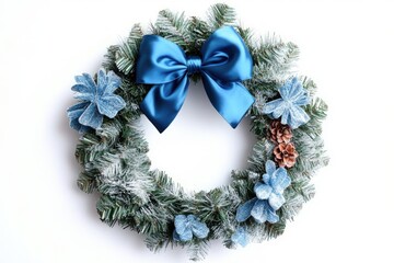 A festive Christmas wreath with a blue bow and pine cones