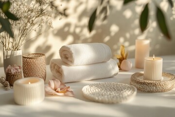Conjunto de itens de spa com toalhas, velas e elementos decorativos em tons neutros, capturados com luz natural suave, criado com IA generativa.