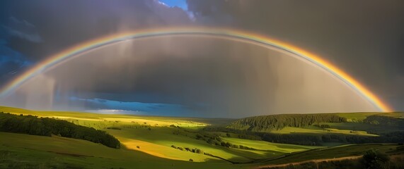 Obraz premium A stunning rainbow stretching across a picturesque landscape after a summer rain