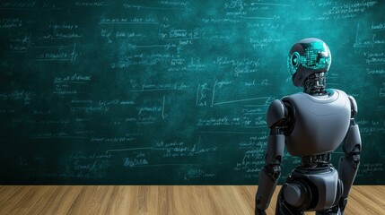 A futuristic robot standing in front of a blackboard filled with complex equations.