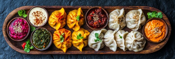 Fototapeta premium Vibrant Assorted Momos Platter - A colorful flatlay showcasing a variety of momos with assorted dips. Symbolizing: deliciousness, variety, flavor, cultural fusion, and culinary artistry.