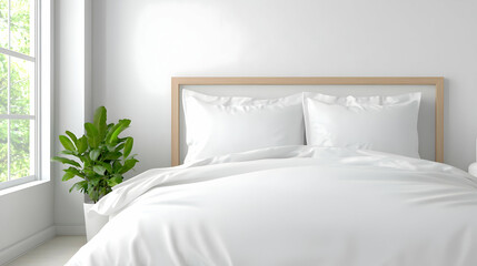 Minimalist bedroom interior design, white bedding, plant, window