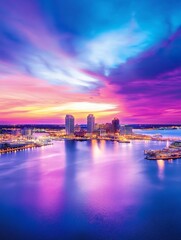 Fototapeta premium Vibrant Cityscape Sunset - Stunning aerial view of a city skyline at sunset, reflecting vibrant purple and pink hues on the water.