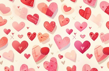 Valentine's Day pattern with pink and red hearts on a diamond-patterned background, perfect for romantic and festive designs.