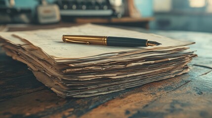 Snapshot of a carefully arranged stack of papers with a pen and a small insurance policy document on top, captured against a neutral background