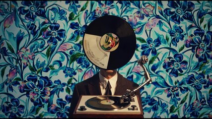 Surreal depiction of a headless businessman with a vinyl record for a head. Listening to music on a vintage record player against vibrant floral wallpaper. Reflecting themes of identity and nostalgia