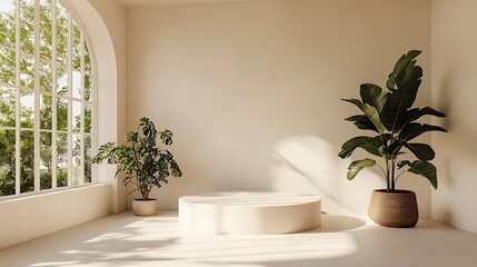 Fototapeta premium Minimalist room, plants, display stand