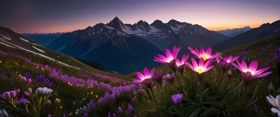 Alpine flowers blooming against a backdrop of majestic mountains