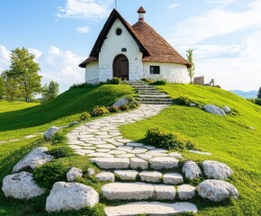 Charming hillside cottage with stone pathway in scenic countryside setting