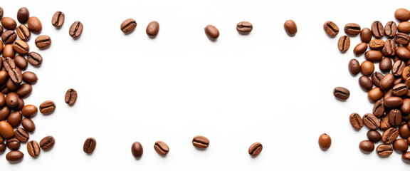 Obraz premium Roasted coffee beans scattered on white background