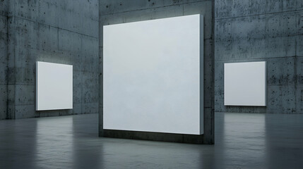 Modern art gallery, blank canvases, concrete walls, dim lighting, mockup
