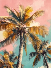 Gouache illustration of coconut trees in soft pastel colors for tropical marketing campaigns