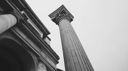 Low-angle view of classical column, building detail, overcast sky, architectural design, stock photo