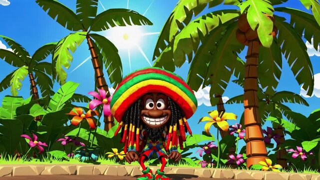 Happy cartoon character with dreadlocks and a jamaican hat dancing in a sunny tropical landscape with palm trees, flowers, and lush vegetation