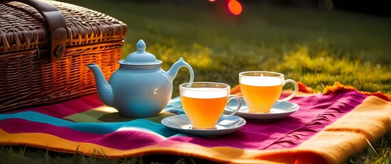 Fototapeta premium Beautifully arranged tea set atop a vibrant picnic blanket celebrating a moment of relaxation