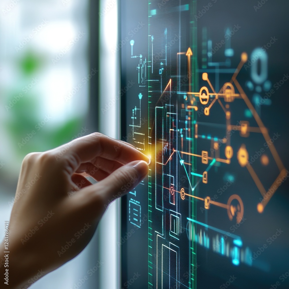 Poster a person interacts with a computer screen by pressing a button