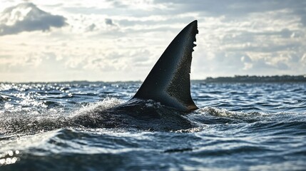 Fototapeta premium A striking image capturing a shark's fin emerging from the water, symbolizing the power and majesty of marine life, evoking feelings of intrigue and awe.
