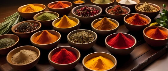 Bowls of colorful spices beautifully arranged showcasing culinary diversity and culture