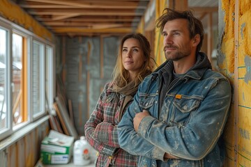 Man and woman are standing in room with yellow wall. Renovation of the house