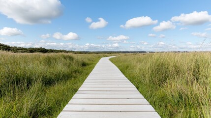 Obraz premium Coastal boardwalk path through grassy marsh under blue sky