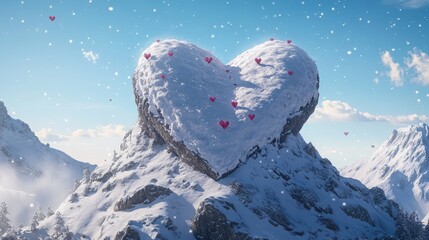 A scenic mountain peak adorned with a massive snow-covered heart shape