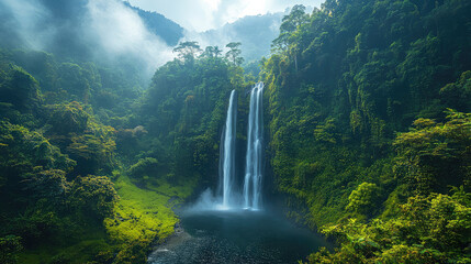 A lush green rainforest with a waterfall, vibrant biodiversity, exotic wildlife