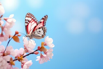 Obraz premium Red and white butterfly feeding on pink cherry blossom flowers with blue sky background