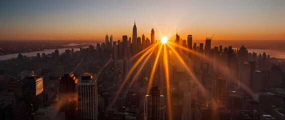 Fototapeta premium Breathtaking sunrise igniting the skyline over a bustling metropolis