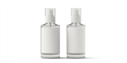 An isolated white plastic spray bottle mockup with a small liquid container and atomizer pump, an empty label space, and a clean white background, presented as a 3D rendered image