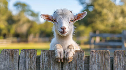 A goat standing on a wooden fence in a farmyard