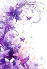 Vector purple floral background with swirls and butterflies