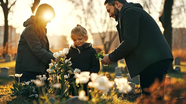 1_Family Visiting Cemetery to Honor Loved Ones with Flowers and Prayers