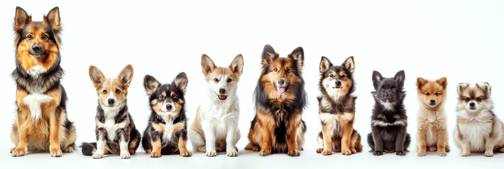 Eight dogs of different breeds and sizes sit in a row against a white background. Concept of diversity and companionship. For pet care promotions.