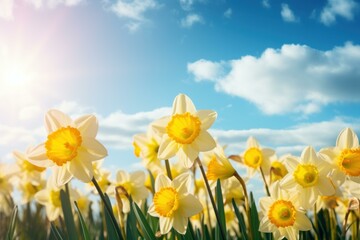 Fototapeta premium White and yellow daffodils blooming under a bright blue sky with some clouds, representing the beauty of spring and nature
