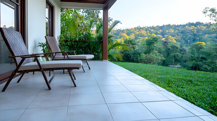 Tropical patio with loungers, hilltop view, relaxing vacation