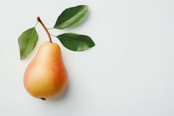 Ripe pear with a leaf on top of it