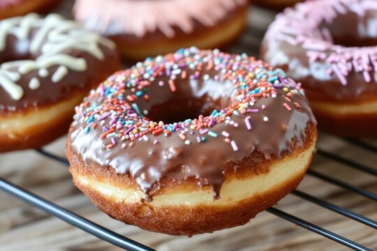 Assortment of doughnuts displayed on a metal rack, ideal for cafes or bakeries
