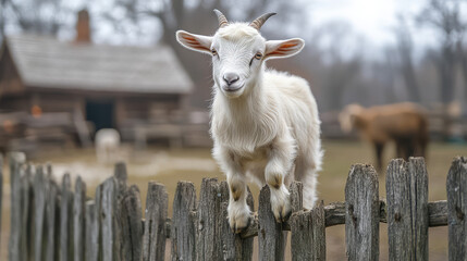 A goat standing on a wooden fence in a farmyard