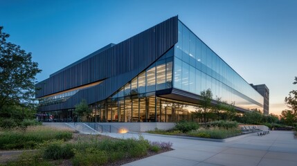 Obraz premium Modern Architectural Marvel: A Stunning Glass and Steel Building at Dusk