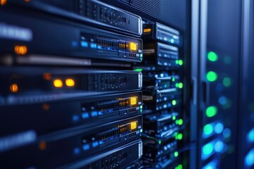 Naklejka premium Row of servers in a server room, useful for tech and IT concepts