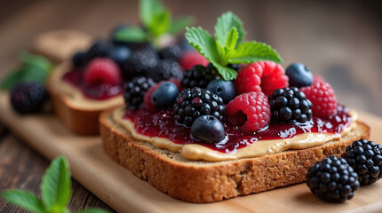 Rustic Whole Grain Bread Topped with Berries and Fresh Herbs