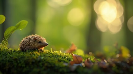 Fototapeta premium A hedgehog rests amidst green moss and lush foliage, surrounded by a hazy backdrop