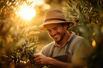 A happy farmer in an olive grove at sunset, backlit by warm golden light. The farmer, wearing a straw hat and rustic overalls